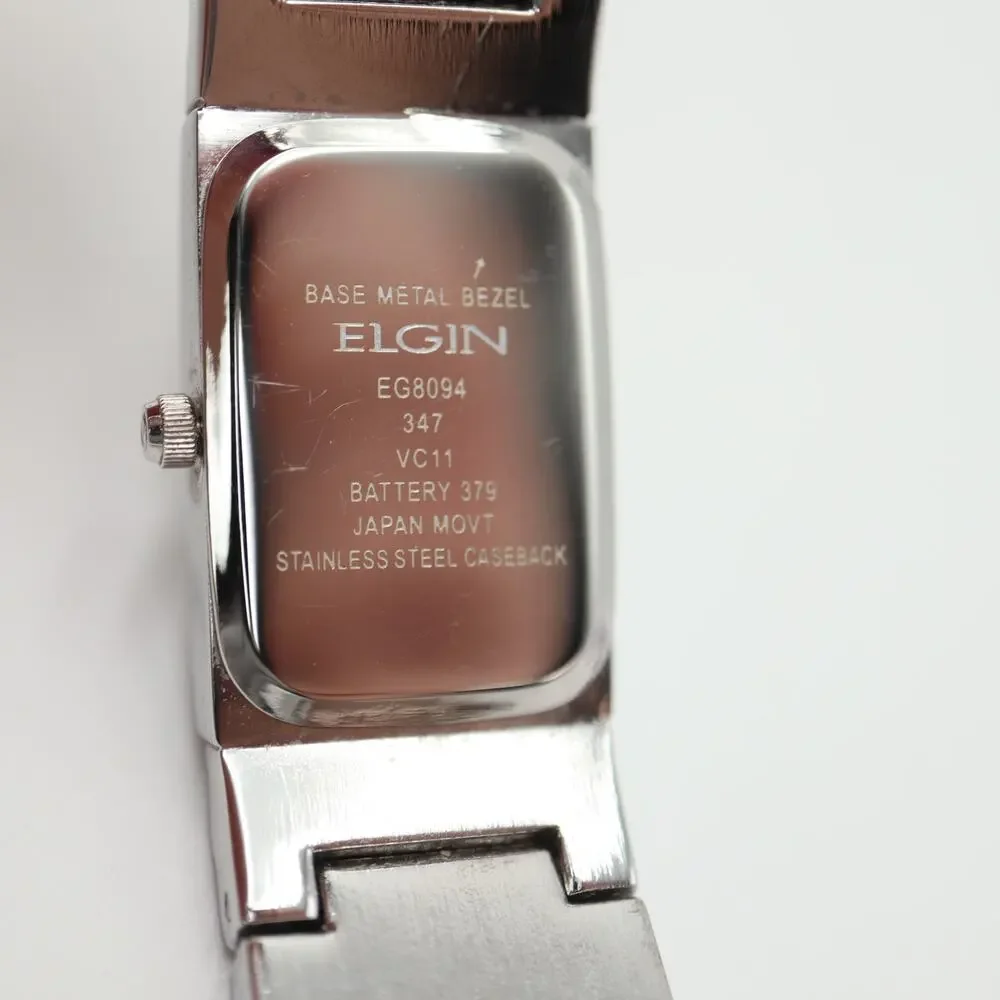 Elgin Womens Silver Tone Black Crystal Zebra Strip MOP Watch 17mm w New Battery